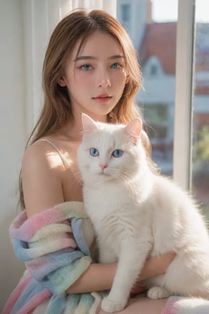(masterpiece, cinematic, dynamic light & pose, ethereal quality, vibrant lighting, neon illuminated, colorful), MagMix Girl, More Reasonable Details, hubggirl, BREAK, A fluffy white cat with bright, blue eyes, sitting gracefully on a windowsill, with sunlight streaming in and casting a warm glow on its pristine fur.