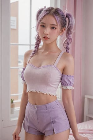 (masterpiece, cinematic, photorealistic, realistic details, dynamic light & pose, high quality, perfect lighting), More Reasonable Details, hubggirl, BREAK, A cute girl with light purple hair styled in twintails, wearing a playful outfit, standing in a pastel-colored room with soft, naked_shirt, small breast