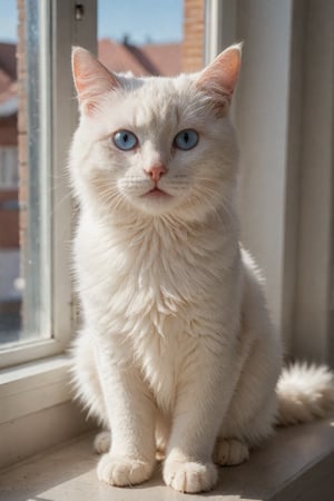 (masterpiece, cinematic, photorealistic, realistic details, dynamic light & pose, high quality, warm lighting), More Reasonable Details, BREAK, A fluffy white cat with bright, blue eyes, open mouth slightly, sitting gracefully on a windowsill, with sunlight streaming in and casting a warm glow on its pristine fur.