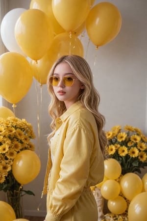 (masterpiece, cinematic, photorealistic, realistic details, dynamic light & pose, high quality, warm lighting), More Reasonable Details, hubggirl, BREAK, blonde hair, A bright and cheerful girl in a yellow-themed outfit, standing in a room decorated with yellow accents, yellow flowers all around her, (sunglasses and balloon yellow color theme), LED lighting, warm lights.