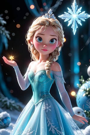 (masterpiece, 3d, doll model, toy, tiny cute, cartoon, dynamic light & pose, ethereal quality, More Reasonable Details, vibrant lighting, colorful, light particles), Elsa from Disney's Frozen, standing in the icy kingdom of Arendelle, with Elsa's magical ice powers creating sparkling snowflakes around them, her dressed in their iconic outfits, under a bright, starlit winter sky.