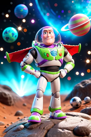 (masterpiece, 3d, doll model, toy, cartoon, toy story, dynamic light & pose, ethereal quality, More Reasonable Details, vibrant lighting, colorful, light particles), Buzz Lightyear from Pixar's Toy Story, striking a heroic pose in his iconic space ranger suit, standing in front of a galaxy backdrop filled with stars and planets, exuding bravery and determination, close up.
