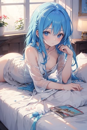 (masterpiece, anime, cartoon, anime style, kawaii, dynamic light & pose, ethereal quality, extremely detailed, vibrant lighting, colorful, light shining), A serene girl with her hair spread out on the pillow, lying on a cozy bed with soft, rumpled sheets, her face calm and relaxed, bathed in the gentle glow of morning sunlight streaming through the window, creating a tranquil and peaceful atmosphere.