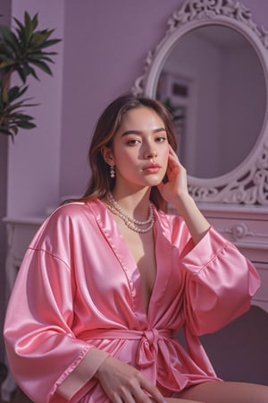 Young woman in a pink silk robe, sitting gracefully at a vanity, adjusting her pearl necklace, exuding a serene and subtly sensual mood, Photographic art, Soft Glamour, Similar lighting and posing style to Annie Leibovitz's fashion photography, Soft, diffused natural light, shallow depth of field (f/2.8-f/4), 85mm lens, vibrant yet muted pink and purple tones, focus on the woman’s face and upper body, silky texture of the robe emphasized, ornate vanity and plant in the blurred background, realistic rendering with a touch of airbrushing for skin smoothing, hubg_beauty_face
