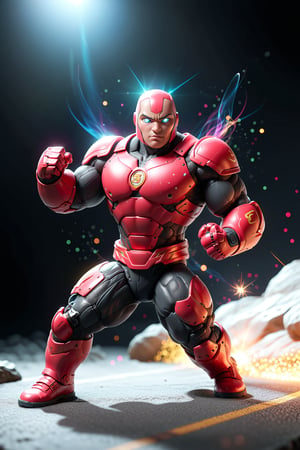 (masterpiece, 3d, doll model, plastic body, tiny cute, digital art, dynamic light & pose, ethereal quality, extremely detailed, vibrant lighting, colorful, light particles), Budokai, standing pose, ,juggernaut, fighting stance, basic background realistic, photo-real, shoulder Red armour, muscular body, bare chest, chiselled face, black ankle boots