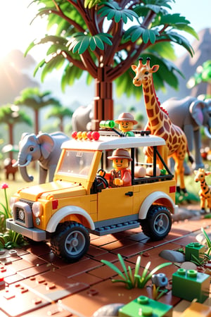 (masterpiece, 3d, lego, toy, tiny cute, digital art, dynamic light & pose, ethereal quality, extremely detailed, vibrant lighting, colorful, light particles), A LEGO safari scene set in the African savannah with LEGO animals like lions, elephants, and giraffes. Mini-figures in safari gear explore the landscape from a LEGO jeep