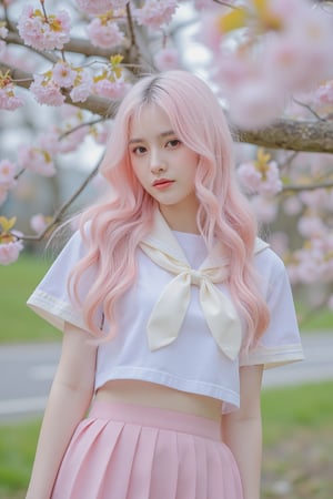 A young woman with long, pastel pink hair styled with bangs, wearing a pink pleated skirt and a white sailor-style top, standing serenely beneath a blossoming cherry tree, conveying a delicate and dreamy mood, [Reference: Photographers specializing in soft, dreamy aesthetics in fashion photography, such as those found in Japanese fashion magazines.], Outdoor setting, natural soft light filtering through the cherry blossoms, creating a warm and diffused glow; pastel pink and white color palette; shallow depth of field to blur the background; smooth skin texture; [blurred background of cherry blossoms and a slightly out-of-focus road]; realistic rendering with a slight airbrushing effect for a polished look, hubg_beauty_face