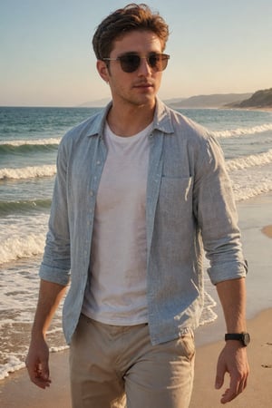 (masterpiece, cinematic, photorealistic, realistic details, dynamic light & pose, high quality, sunset lighting), More Reasonable Details, hubgman, BREAK,  A man standing on a sandy beach, looking out over the ocean, wearing casual beach attire and sunglasses, with the waves gently rolling in and the sun casting a warm glow on the scene.