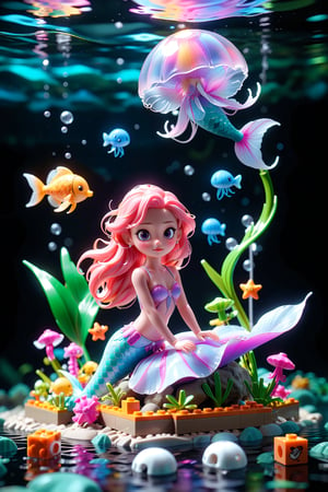 (masterpiece, 3d, lego, toy, tiny cute, digital art, dynamic light & pose, ethereal quality, extremely detailed, vibrant lighting, colorful, light particles), jellyfishes underwater world, sea jellies, underwater world, a beautiful young model with pink hair, mermaid tail, she between colorful magic jellyfishes