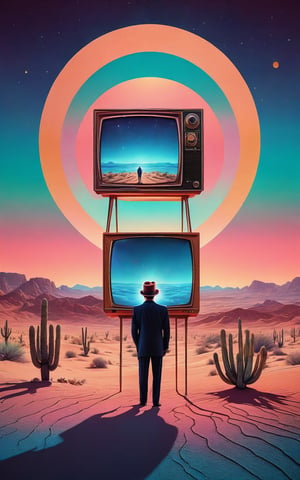 (best quality,8K,highres,masterpiece), ultra-detailed, (retro TV-headed man in the desert), a man with a retro TV for a head standing in the center of the desert. The scene is rendered in aesthetic pastel magical realism, evoking a dreamlike and surreal atmosphere. Despite the vintage photo style, the colors are soft and muted, with a gentle glow that adds to the enchanting ambiance of the desert landscape. The retro TV-headed man serves as a focal point, his presence both mysterious and intriguing against the backdrop of the vast desert expanse. Feel free to add your own creative touches to enhance the whimsical charm and ethereal beauty of this unique and imaginative scene