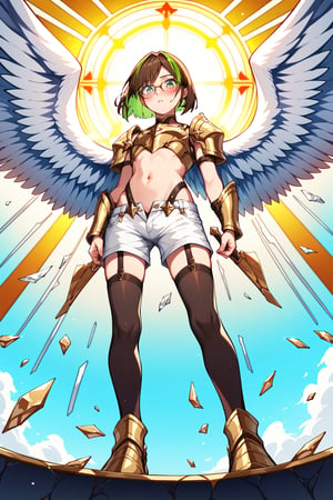 score_9,score_8_up,score_7_up, 1girl, short hair, looking at viewer, blush, bob cut, green eyes, brown hair with green highlights, wear glasses, full body shot, wearing only a gold armor and white shorts with white thigh highs, bare midriff, navel, groin, hipbones, angel wings, flapping wings, blessed, from below, light from above, angelical, descending from heaven, raising one hand, colorful broken stained glass windows background, beams of light passing through, broken glass shards, feathers, armor straps,