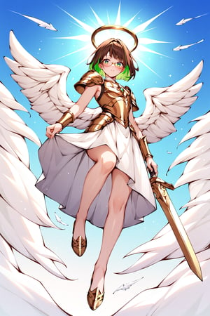 score_9,score_8_up,score_7_up, 1girl, short hair, looking at viewer, blush, bob cut, green eyes, brown hair with green highlights, wear glasses, full body shot, gold and white armor with engraving and intricate details, angel wings, flapping wings, holding a big and gold broadsword with intricate jewel decoration, vitreaux, blessed, from below, light from above, angelical, descending from heaven, raising one hand, 