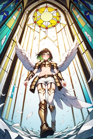 score_9,score_8_up,score_7_up, 1girl, short hair, looking at viewer, blush, bob cut, green eyes, brown hair with green highlights, wear glasses, full body shot, wearing only a gold armor and white shorts with white thigh highs, bare midriff, navel, angel wings, flapping wings, blessed, from below, light from above, angelical, descending from heaven, raising one hand, colorful broken stained glass windows background, beams of light passing through, broken glass shards, feathers, armor straps,