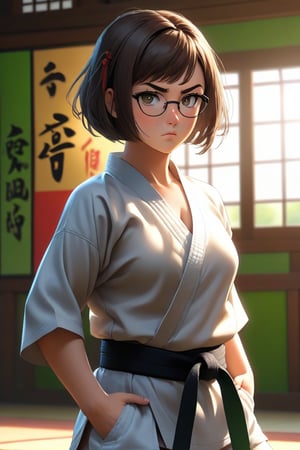 masterpiece, best quality, 1girl, frowning, wear glasses, Solo, brunette bob cut, freckle, full body shot, bare midriff, visible navel, complex background, edges, looking away, short hair, parted lips, green eyes, open karate gi, open shirt, open gi, sweat, kicking motion, wide angle lens,