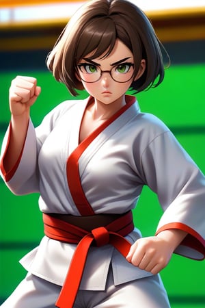 masterpiece, best quality, 1girl, frowning, wear glasses, Solo, brunette bob cut, freckle, full body, complex background, edges, looking away, short hair, parted lips, green eyes, make-up, karate uniform, open shirt, untied belt, open gi, bare midriff, visible navel, sweat, open hands, karate kick, raising leg in a forward kick motion, wide angle lens,