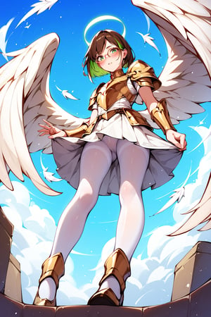 score_9,score_8_up,score_7_up, 1girl, short hair, looking at viewer, blush, bob cut, green eyes, brown hair with green highlights, wear glasses, full body shot, gold and white armor, angel wings, flapping wings, blessed, from below, light from above, angelical, descending from heaven, raising one hand, white pantyhose, short tight skirt,