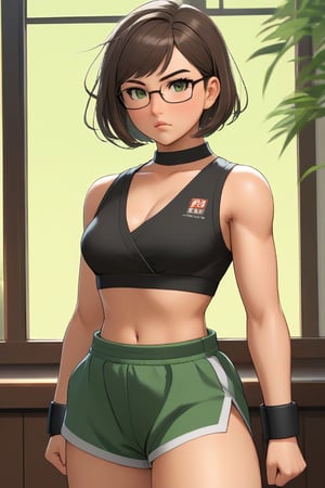masterpiece, best quality, 1girl, frowning, wear glasses, Solo, brunette bob cut, freckle, full body shot, bare midriff, visible navel, small breasts, petite, pettanko, boob_window, complex background, looking away, short hair, parted lips, green eyes, high neck sleeveless crop top, karate pants, fighting pose, battle_stance, gi, innerboob, sweat, kicking motion, wide angle lens,