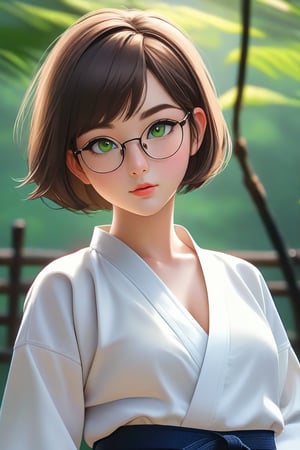 masterpiece, best quality, sportrait, 1girl, frowning, wear glasses, Solo, brunette bob cut, freckle, full body, complex background, edges, looking away, short hair, parted lips, green eyes, make-up, karate uniform, open shirt, untied belt, open gi, bare midriff, navel, sweat, open hands, karate kick, raising leg in a forward kick motion, wide angle lens,