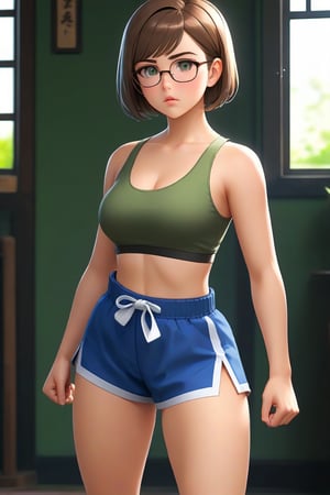 masterpiece, best quality, 1girl, frowning, wear glasses, Solo, brunette bob cut, freckle, full body shot, bare midriff, visible navel, small breasts, petite, pettanko, boob_window, sweating, complex background, looking away, short hair, parted lips, green eyes, high neck sleeveless crop top, karate pants, fighting pose, battle stance, gi, kicking motion, wide angle lens,