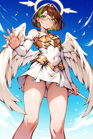 score_9,score_8_up,score_7_up, 1girl, short hair, looking at viewer, blush, bob cut, green eyes, brown hair with green highlights, wear glasses, full body shot, gold and white armor with engraving and intricate details, angel wings, vitreaux, blessed, from below, light from above, angelical, descending from heaven, raising one hand, short dress, 