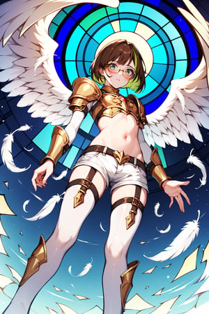 score_9,score_8_up,score_7_up, 1girl, short hair, looking at viewer, blush, bob cut, green eyes, brown hair with green highlights, wear glasses, full body shot, wearing only a gold armor and white shorts with white thigh highs, bare midriff, navel, angel wings, flapping wings, blessed, from below, light from above, angelical, descending from heaven, raising one hand, colorful broken stained glass windows background, beams of light passing through, broken glass shards, feathers, armor straps,