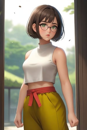 masterpiece, best quality, 1girl, frowning, wear glasses, Solo, brunette bob cut, freckle, full body shot, bare midriff, visible navel, small breasts, petite, pettanko, boob_window, sweating, complex background, looking away, short hair, parted lips, green eyes, high neck sleeveless crop top, karate pants, fighting pose, battle stance, gi, kicking motion, wide angle lens,