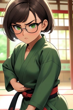 masterpiece, best quality, 1girl, frowning, wear glasses, Solo, brunette bob cut, freckle, full body shot, bare midriff, visible navel, cleavage, complex background, edges, looking away, short hair, parted lips, green eyes, open karate gi, open shirt, open gi, sweat, kicking motion, wide angle lens,