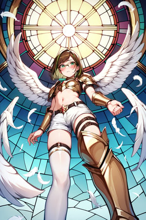 score_9,score_8_up,score_7_up, 1girl, short hair, looking at viewer, blush, bob cut, green eyes, brown hair with green highlights, wear glasses, full body shot, wearing only a gold armor and white shorts with white thigh highs, bare midriff, navel, angel wings, flapping wings, blessed, from below, light from above, angelical, descending from heaven, raising one hand, colorful broken stained glass windows background, beams of light passing through, broken glass shards, feathers, armor straps,