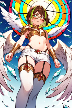 score_9,score_8_up,score_7_up, 1girl, short hair, looking at viewer, blush, bob cut, green eyes, brown hair with green highlights, wear glasses, full body shot, wearing only a gold armor and white shorts with white thigh highs, bare midriff, navel, groin, hipbones, angel wings, flapping wings, blessed, from below, light from above, angelical, descending from heaven, raising one hand, colorful broken stained glass windows background, beams of light passing through, broken glass shards, feathers, armor straps,