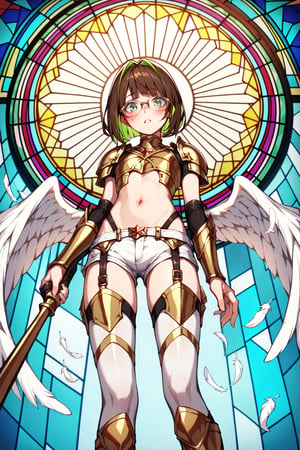 score_9,score_8_up,score_7_up, 1girl, short hair, looking at viewer, blush, bob cut, green eyes, brown hair with green highlights, wear glasses, full body shot, wearing only a gold armor and white shorts with white thigh highs, bare midriff, navel, groin, hipbones, angel wings, flapping wings, blessed, from below, light from above, angelical, descending from heaven, raising one hand, colorful broken stained glass windows background, beams of light passing through, broken glass shards, feathers, armor straps,