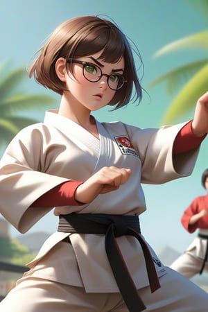 masterpiece, best quality, sportrait, 1girl, frowning, wear glasses, Solo, brunette bob cut, freckle, full body, complex background, edges, looking away, short hair, parted lips, green eyes, make-up, karate uniform, open shirt, bare midriff, navel, sweat, karate kick, raising leg in a forward kick motion, wide angle lens,