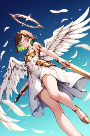 score_9,score_8_up,score_7_up, 1girl, short hair, looking at viewer, blush, bob cut, green eyes, brown hair with green highlights, wear glasses, full body shot, gold and white armor with engraving and intricate details, angel wings, flapping wings, holding a big and gold broadsword with intricate jewel decoration, vitreaux, blessed, from below, light from above, angelical, descending from heaven, raising one hand, 