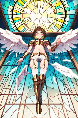 score_9,score_8_up,score_7_up, 1girl, short hair, looking at viewer, blush, bob cut, green eyes, brown hair with green highlights, wear glasses, full body shot, wearing only a gold armor and white shorts with white thigh highs, bare midriff, navel, groin, hipbones, angel wings, flapping wings, blessed, from below, light from above, angelical, descending from heaven, raising one hand, colorful broken stained glass windows background, beams of light passing through, broken glass shards, feathers, armor straps,