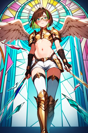 score_9,score_8_up,score_7_up, 1girl, short hair, looking at viewer, blush, bob cut, green eyes, brown hair with green highlights, wear glasses, full body shot, wearing only a gold armor and white shorts with white thigh highs, bare midriff, navel, groin, hipbones, angel wings, flapping wings, blessed, from below, light from above, angelical, descending from heaven, raising one hand, colorful broken stained glass windows background, beams of light passing through, broken glass shards, feathers, armor straps,