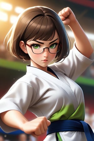 masterpiece, best quality, sportrait, 1girl, frowning, wear glasses, Solo, brunette bob cut, freckle, full body, complex background, edges, looking away, short hair, parted lips, green eyes, make-up, karate uniform, open shirt, bare midriff, navel, sweat, open hands, karate kick, raising leg in a forward kick motion, wide angle lens,