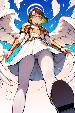 score_9,score_8_up,score_7_up, 1girl, short hair, looking at viewer, blush, bob cut, green eyes, brown hair with green highlights, wear glasses, full body shot, gold and white armor, angel wings, flapping wings, blessed, from below, light from above, angelical, descending from heaven, raising one hand, white pantyhose, short tight skirt, undressed,