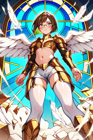 score_9,score_8_up,score_7_up, 1girl, short hair, looking at viewer, blush, bob cut, green eyes, brown hair with green highlights, wear glasses, full body shot, wearing only a gold armor and white shorts with white thigh highs, bare midriff, navel, groin, hipbones, angel wings, flapping wings, blessed, from below, light from above, angelical, descending from heaven, raising one hand, colorful broken stained glass windows background, beams of light passing through, broken glass shards, feathers, armor straps,