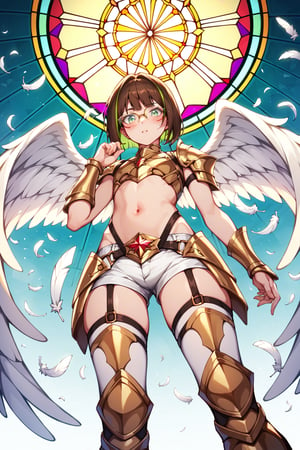 score_9,score_8_up,score_7_up, 1girl, short hair, looking at viewer, blush, bob cut, green eyes, brown hair with green highlights, wear glasses, full body shot, wearing only a gold armor and white shorts with white thigh highs, bare midriff, navel, groin, hipbones, angel wings, flapping wings, blessed, from below, light from above, angelical, descending from heaven, raising one hand, colorful broken stained glass windows background, beams of light passing through, broken glass shards, feathers, armor straps,