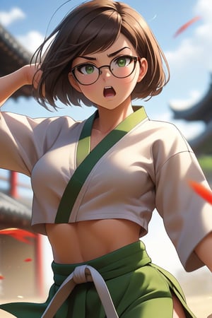 masterpiece, best quality, 1girl, frowning, wear glasses, Solo, brunette bob cut, freckle, full body shot, bare midriff, visible navel, cleavage, complex background, edges, looking away, short hair, parted lips, green eyes, open shirt, sexy karate gi, innerboob, sweat, kicking motion, wide angle lens,