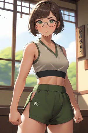 masterpiece, best quality, 1girl, frowning, wear glasses, Solo, brunette bob cut, freckle, full body shot, bare midriff, visible navel, small breasts, petite, pettanko, boob_window, complex background, looking away, short hair, parted lips, green eyes, high neck sleeveless crop top, karate pants, fighting pose, battle_stance, gi, innerboob, sweat, kicking motion, wide angle lens,