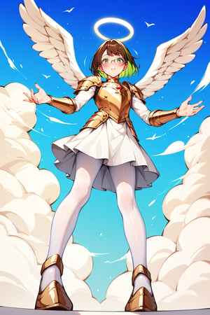 score_9,score_8_up,score_7_up, 1girl, short hair, looking at viewer, blush, bob cut, green eyes, brown hair with green highlights, wear glasses, full body shot, gold and white armor, angel wings, flapping wings, blessed, from below, light from above, angelical, descending from heaven, raising one hand, white pantyhose, short tight skirt, undressed,