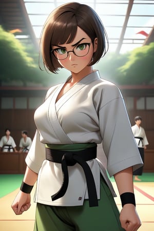 masterpiece, best quality, 1girl, frowning, wear glasses, Solo, brunette bob cut, freckle, full body shot, bare midriff, visible navel, cleavage, complex background, edges, looking away, short hair, parted lips, green eyes, open shirt, karate gi, innerboob, sweat, kicking motion, wide angle lens,
