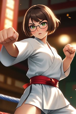 masterpiece, best quality, 1girl, frowning, wear glasses, Solo, brunette bob cut, freckle, full body, complex background, edges, looking away, short hair, parted lips, green eyes, make-up, karate uniform, open shirt, untied belt, open gi, bare midriff, visible navel, sweat, open hands, karate kick, raising leg in a forward kick motion, wide angle lens,