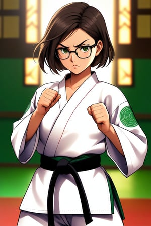 masterpiece, best quality, 1girl, frowning, wear glasses, Solo, brunette bob cut, freckle, full body shot, complex background, edges, looking away, short hair, parted lips, green eyes, open karate gi, open shirt, open gi, bare midriff, visible navel, sweat, karate kick, forward kick motion, wide angle lens,