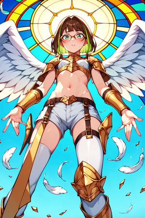 score_9,score_8_up,score_7_up, 1girl, short hair, looking at viewer, blush, bob cut, green eyes, brown hair with green highlights, wear glasses, full body shot, wearing only a gold armor and white shorts with white thigh highs, bare midriff, navel, groin, hipbones, angel wings, flapping wings, blessed, from below, light from above, angelical, descending from heaven, raising one hand, colorful broken stained glass windows background, beams of light passing through, broken glass shards, feathers, armor straps,