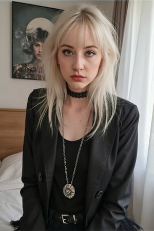 1girl,TradGoth,goth makeup,goth clothes,Lauren Phillips, blonde hair, bangs, gothic clothes,Charlotte Sartre,rlawldnjs, pale skin, 45 years old, realistic skin, pores, 