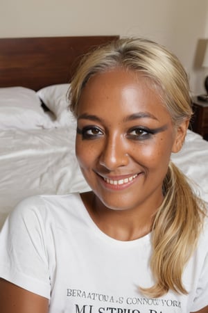 45 year old woman, Masterpiece, best quality, highres, a picture of Beautiful femaledetailed skin, ponytail, sensual and sensitive, blonde hair, lightly tanned skin, subtle tan, small smile, white t-shirt
, ,  in a bedroom, mascara, dark eyeliner, 