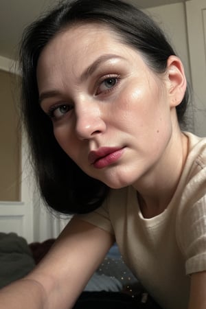 Very realistic photo of a 60 year old woman with shiny oily pale skin in a bedroom. She has long black hair in a ponytail, a beautiful face with beautiful sparkling eyes and prominent high cheekbones with some lines and wrinkles. small face, delicate face, botox, fillers, fat lips, purple lipstick, She is wearing a black t-shirt and black trousers, slacks, front view, turning head towards the viewer, looking to the side, chubby face, elegant, 