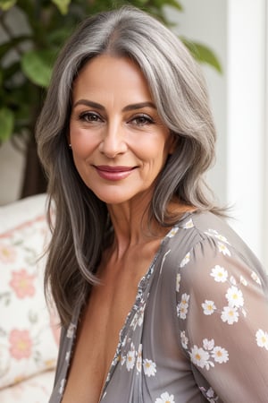 beautiful woman, pointed nose, 50 years old, beautiful mature sexy smile, grey hair, floral blouse, photorealistic photo, small size natural tits, closeup, looking at viewer, ,sagging breasts,Read Description!, cleveage, latina