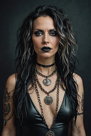 A striking, edgy 40 year old goth woman stands confidently against a moody backdrop. Her dark smoky eye makeup and bold lipstick are accentuated by facial piercings, including a prominent septum ring. Long messy hair. latex dress, Layers of pendants and coin necklaces. The Hasselblad medium format camera captures the scene with the Helios 44-2 58mm F2 lens, showcasing realistic, textured skin and cinematic backlit lighting